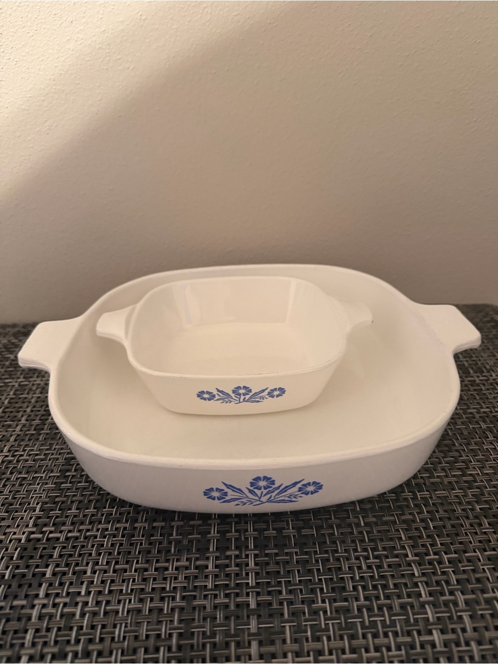 Vintage Corningware White Casserole Dishes with Blue Cornflower Pattern